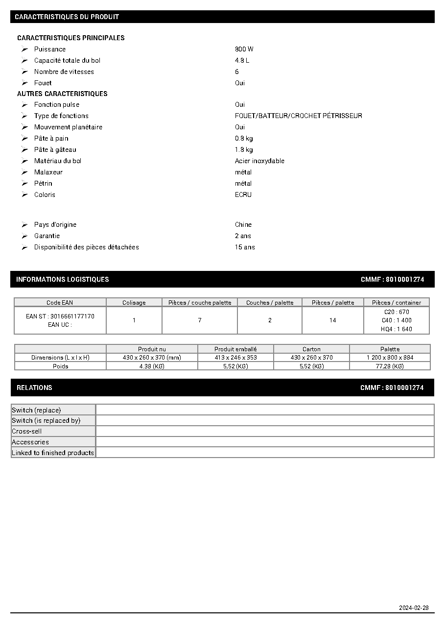 Fiche technique fournisseur