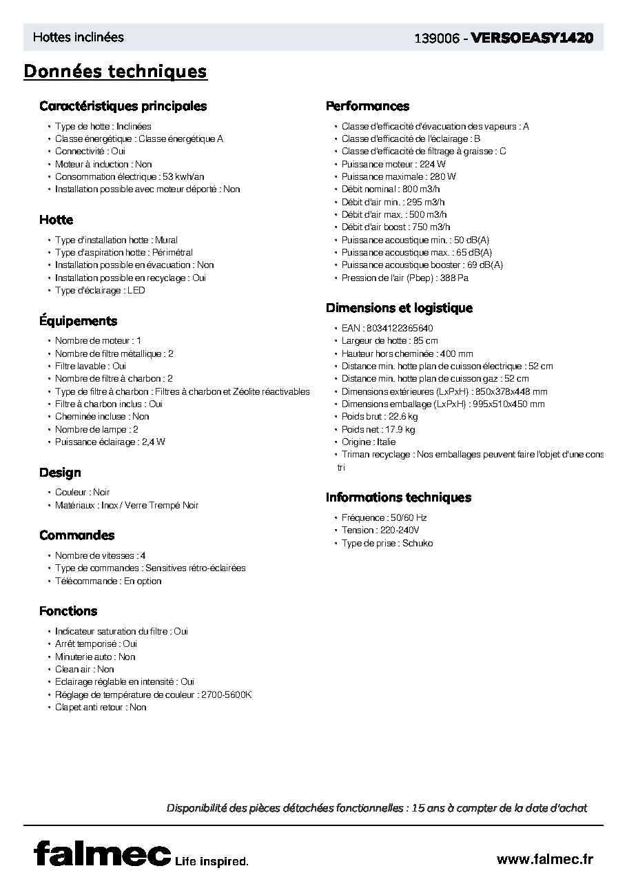 Fiche technique fournisseur