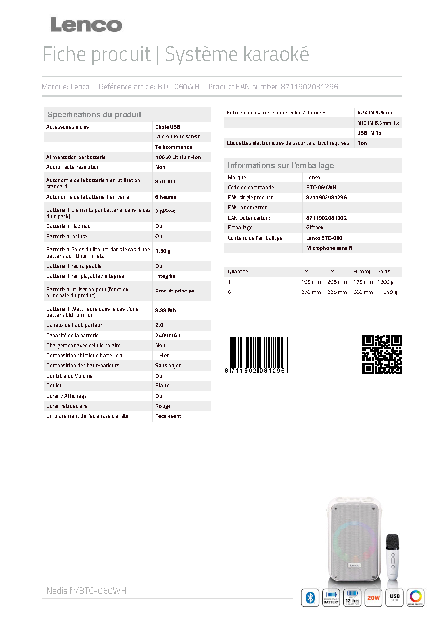 Fiche technique fournisseur