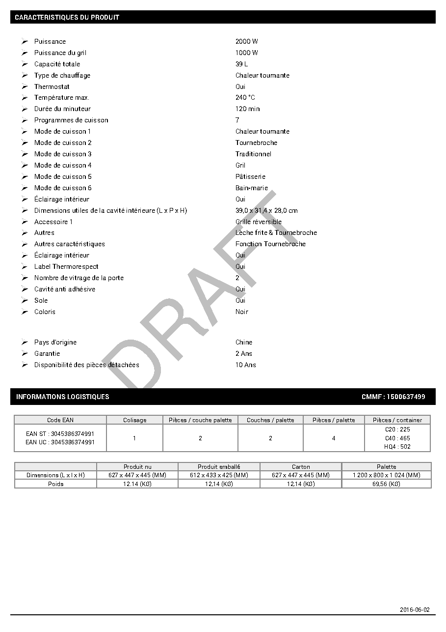 Fiche technique fournisseur