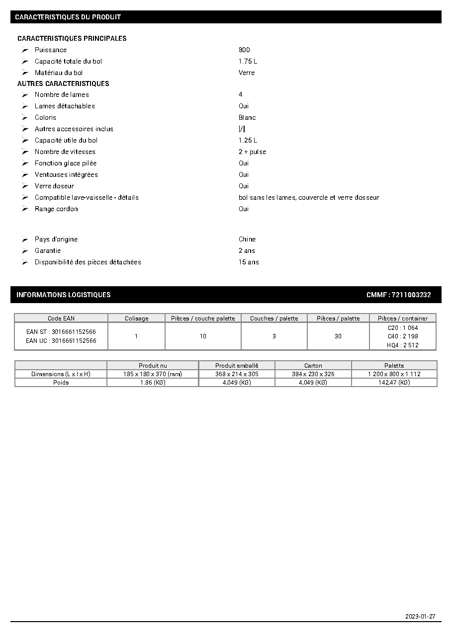 Fiche technique fournisseur