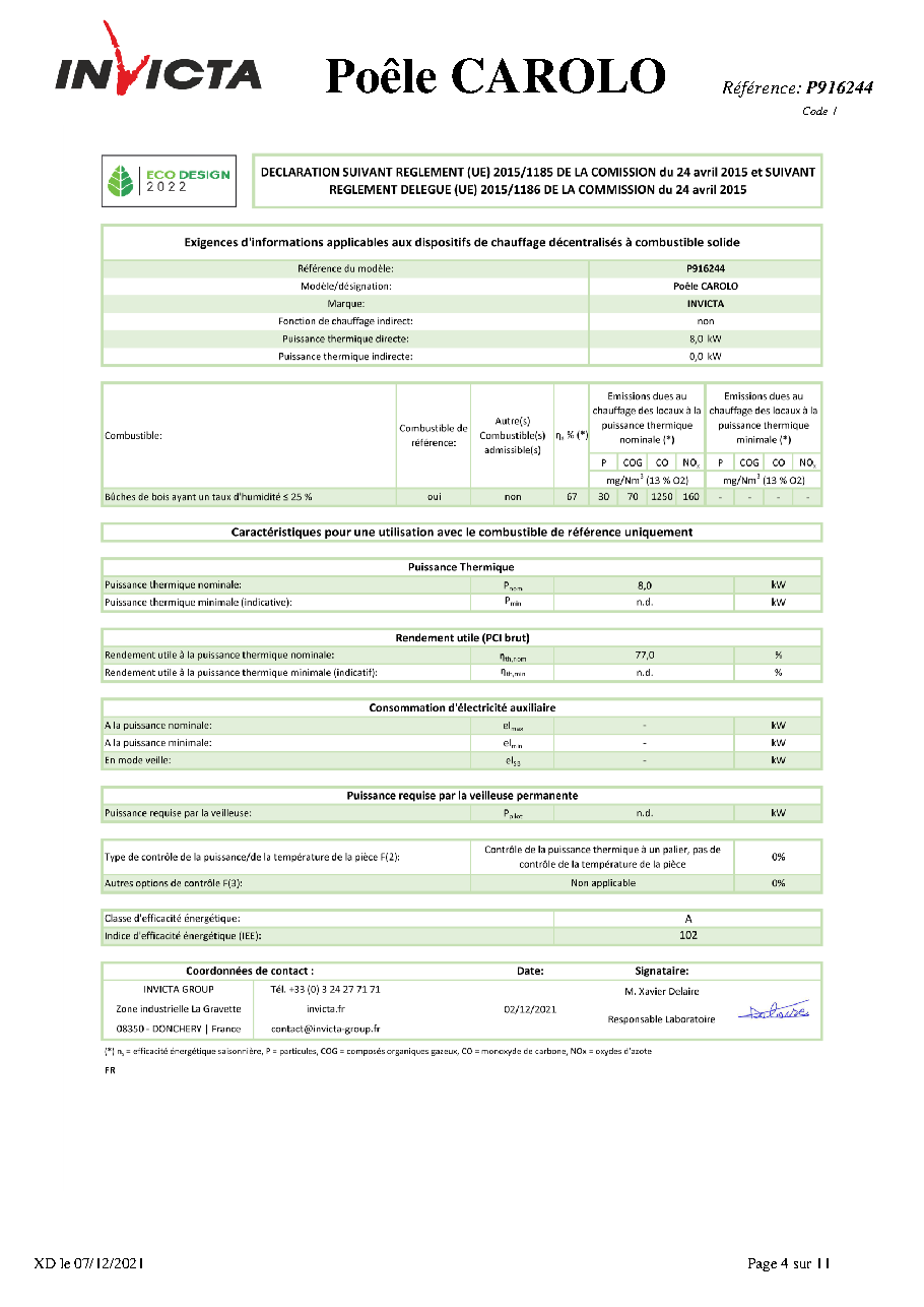 Fiche technique fournisseur