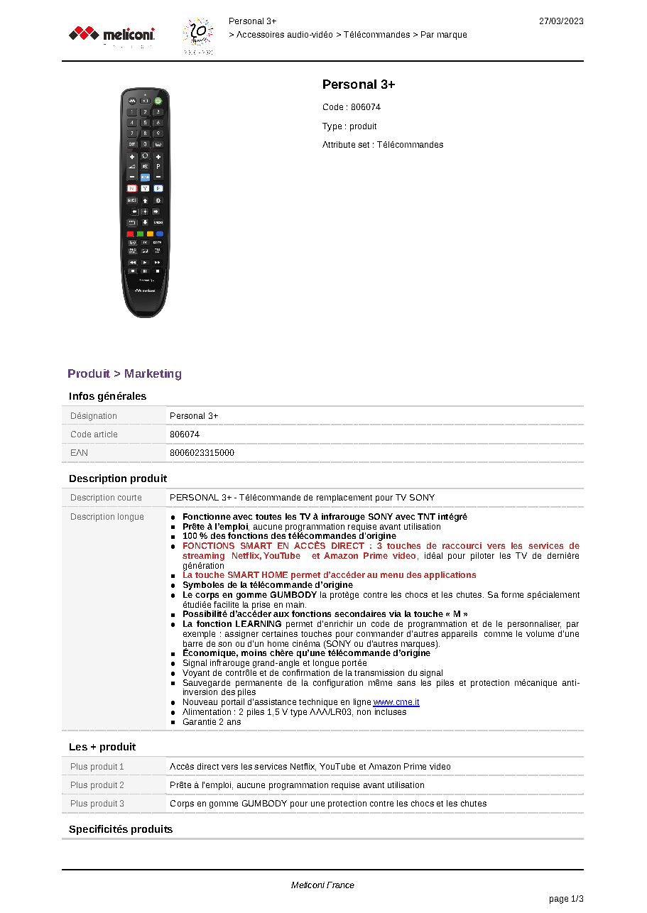 Fiche technique fournisseur