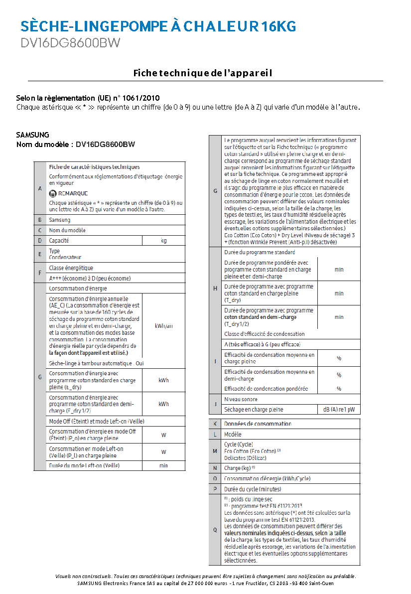 Fiche technique fournisseur