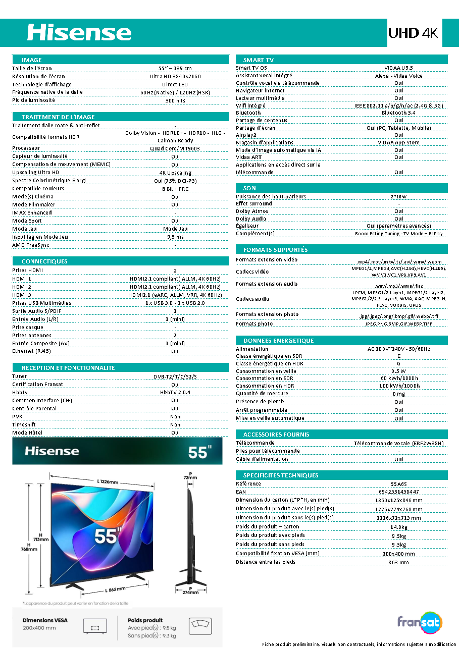Fiche technique fournisseur