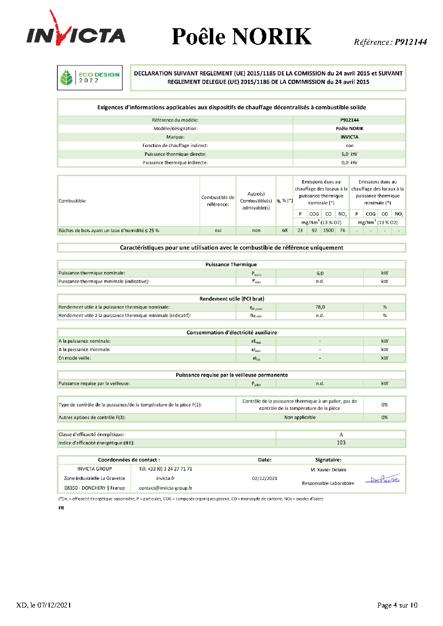 Fiche technique fournisseur