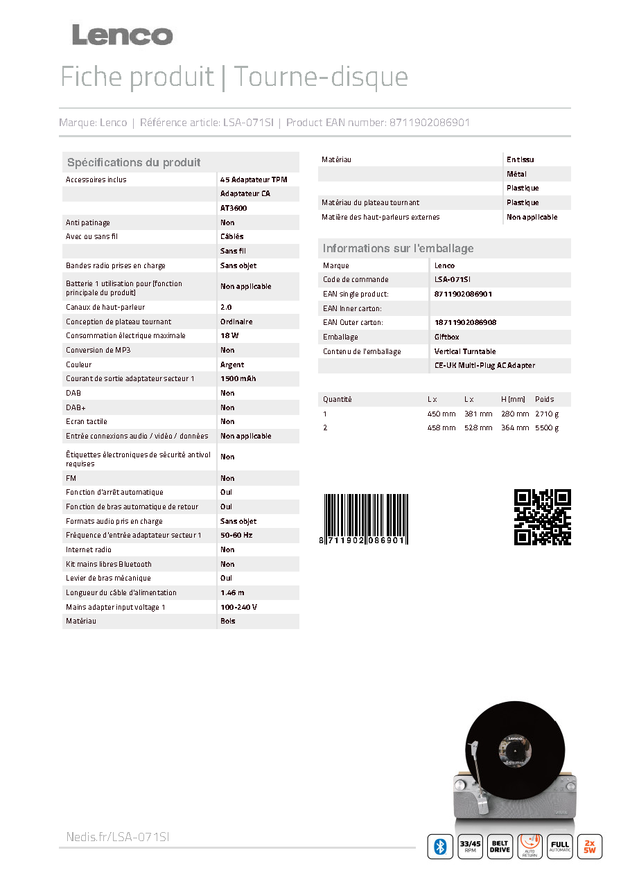 Fiche technique fournisseur