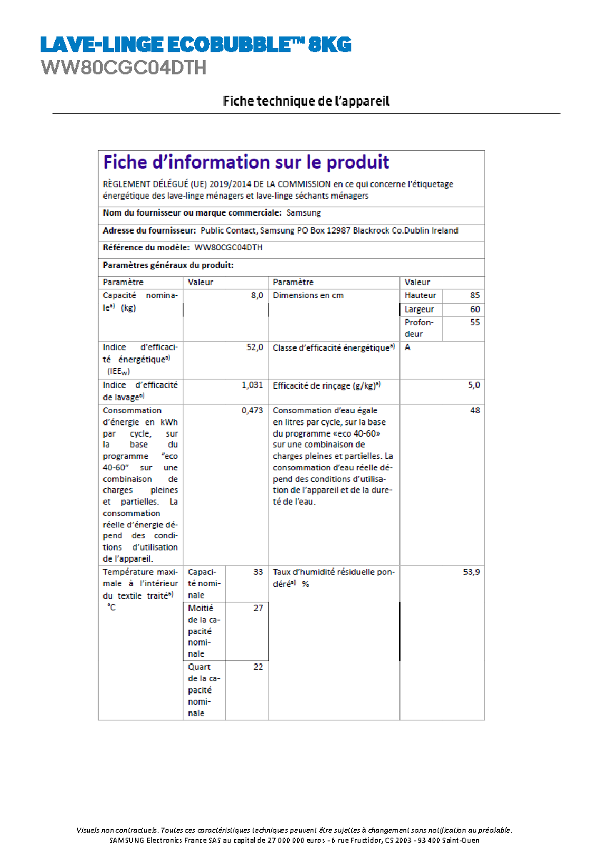 Fiche technique fournisseur