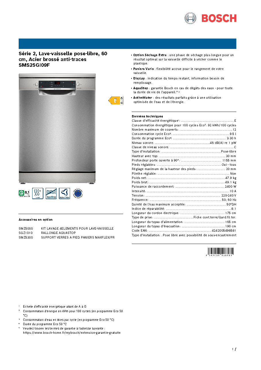 Fiche technique fournisseur