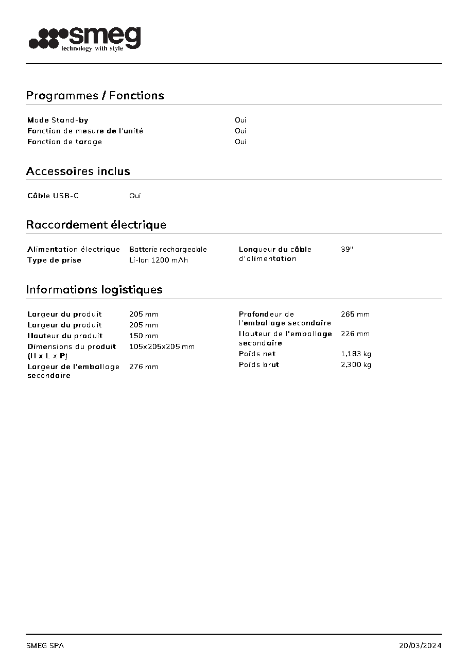 Fiche technique fournisseur
