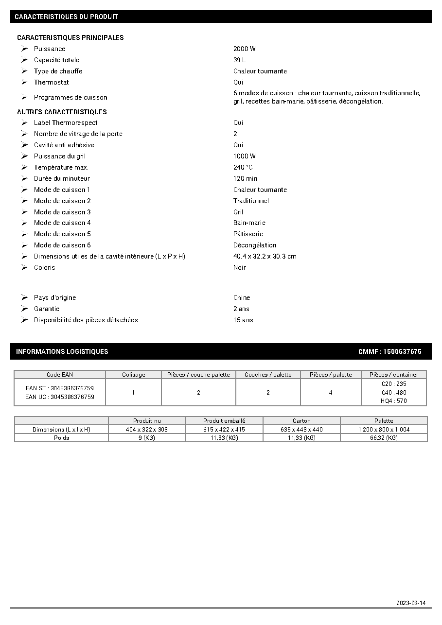 Fiche technique fournisseur