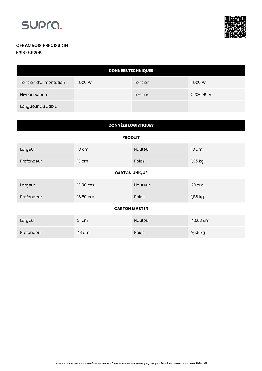 Fiche technique fournisseur