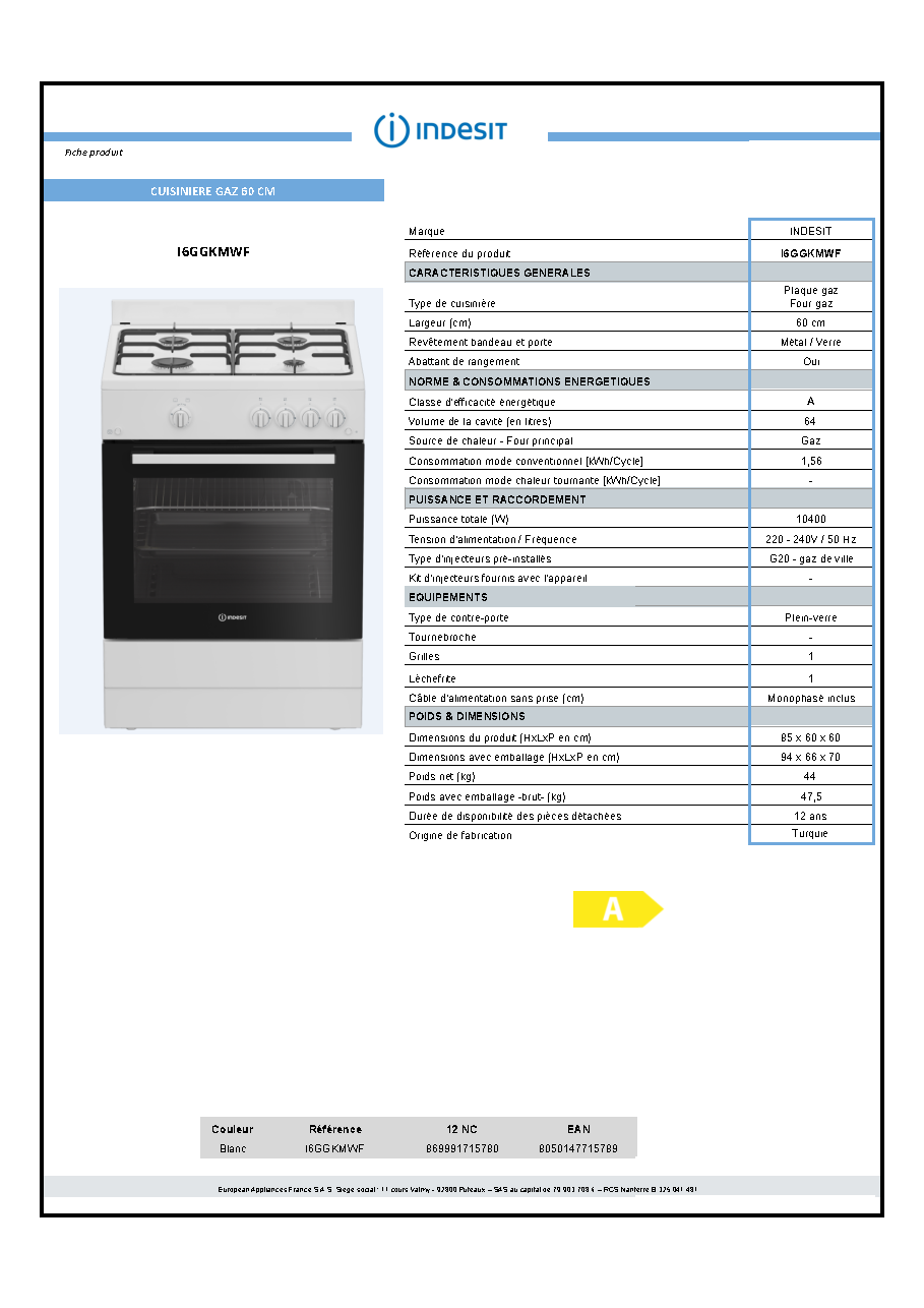 Fiche technique fournisseur