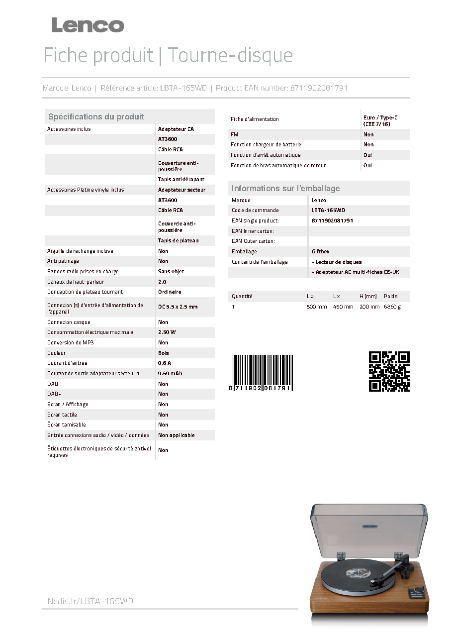 Fiche technique fournisseur