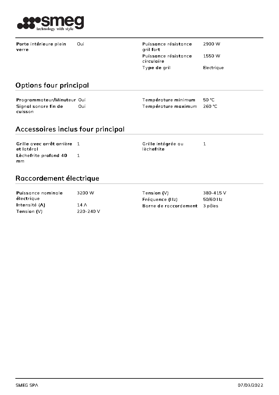 Fiche technique fournisseur