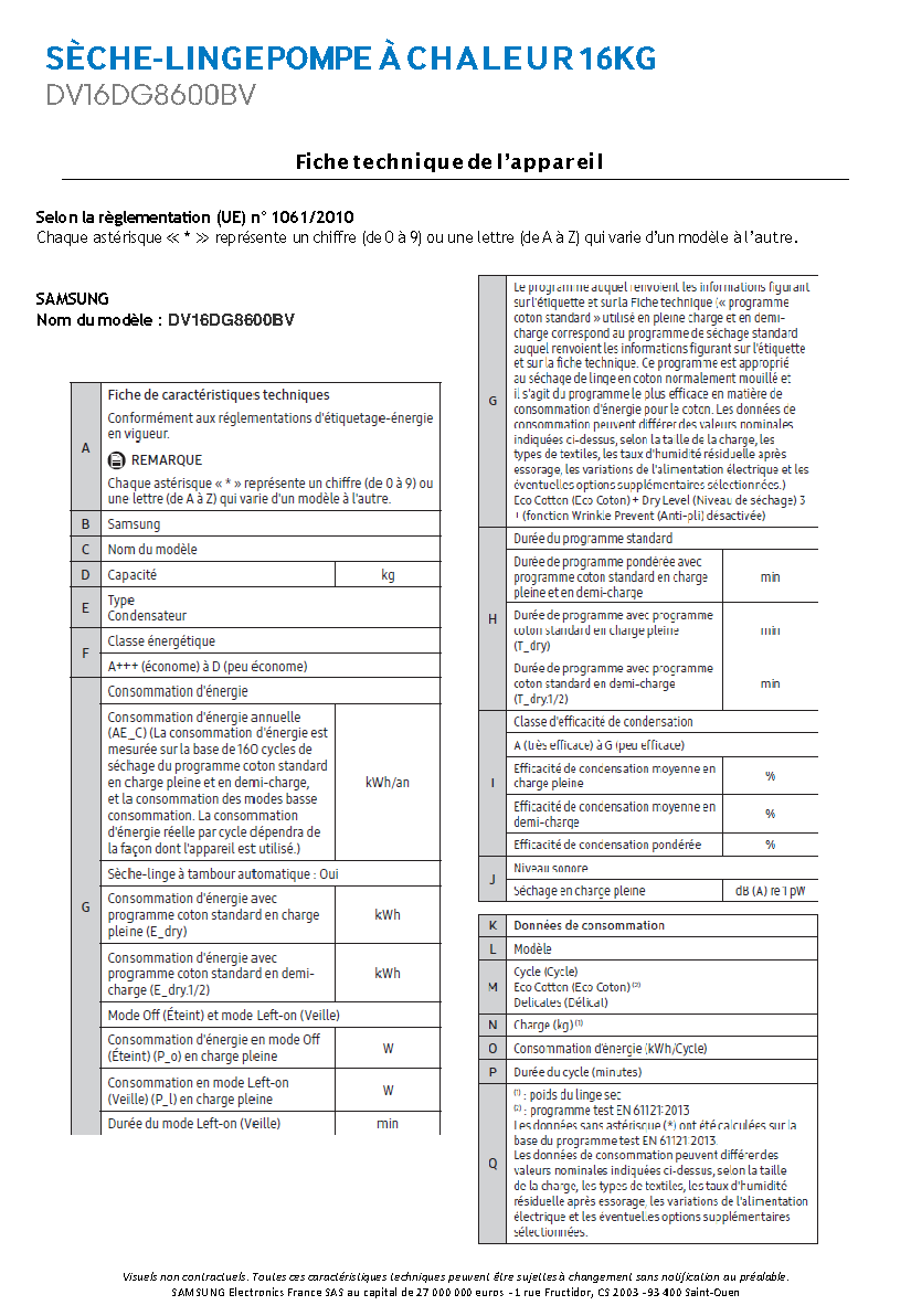 Fiche technique fournisseur