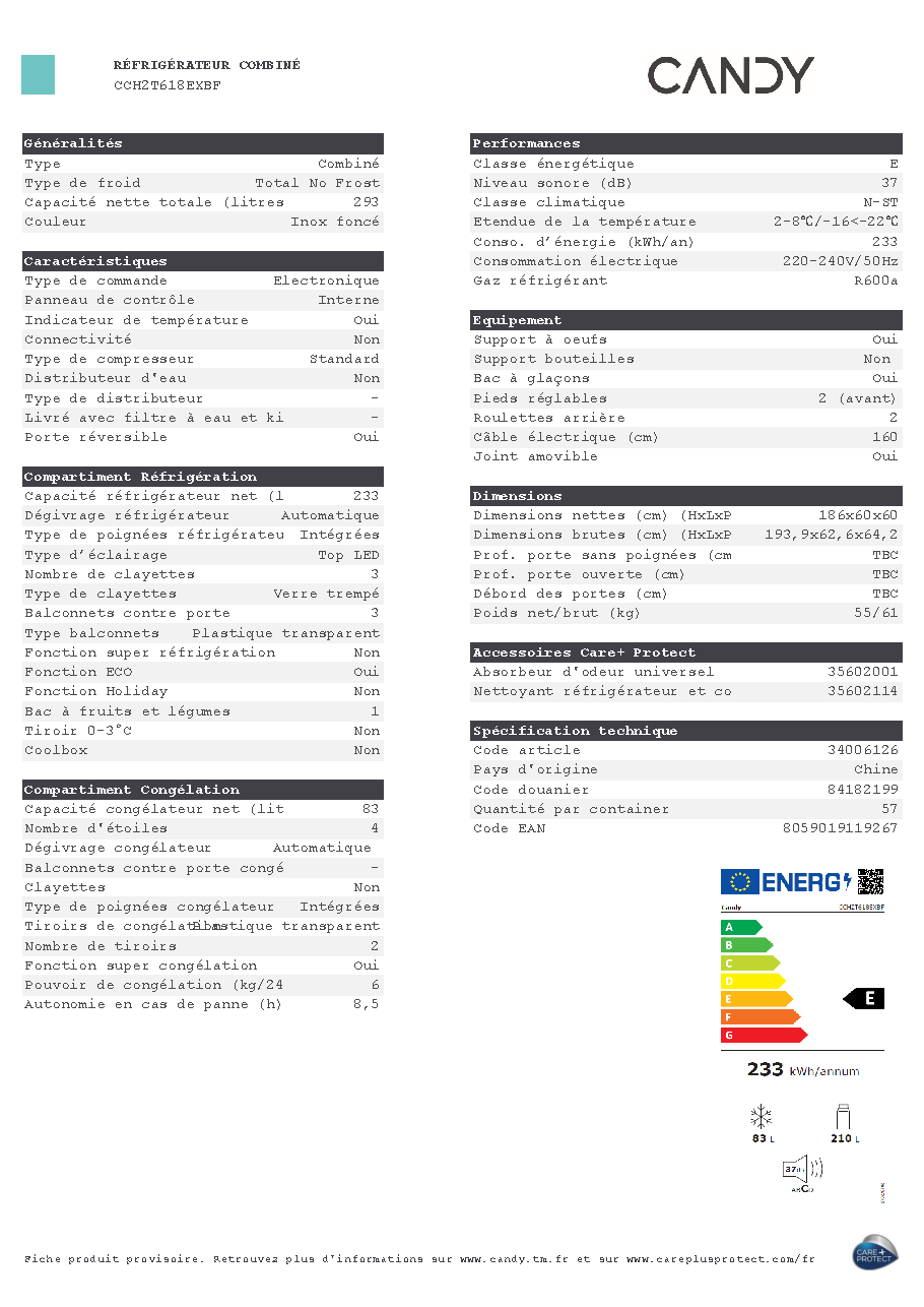 Fiche technique fournisseur