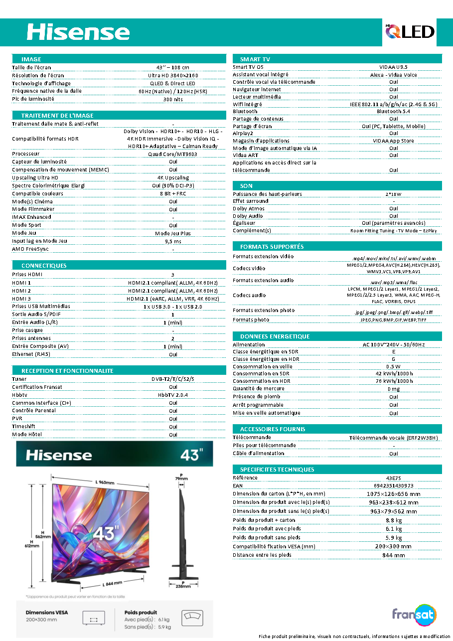 Fiche technique fournisseur