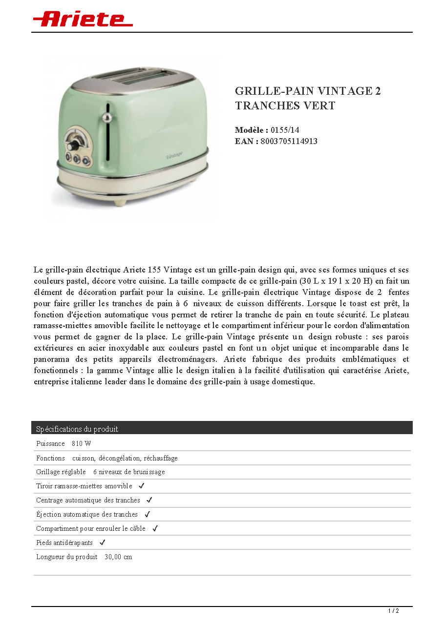 Fiche technique fournisseur