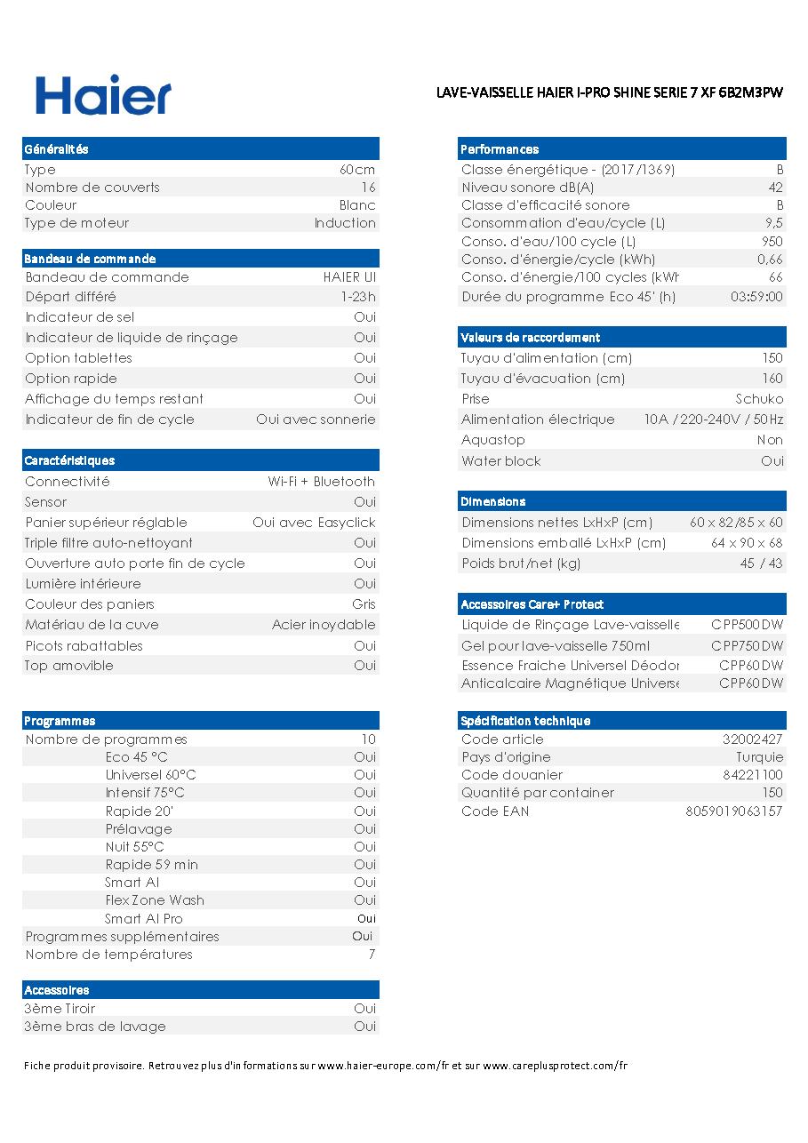 Fiche technique fournisseur