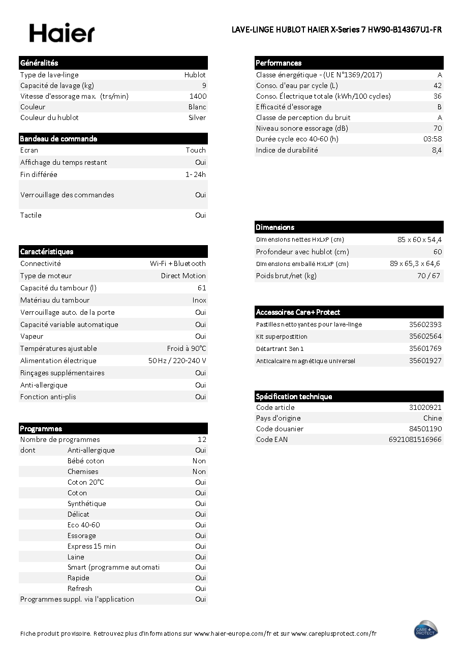 Fiche technique fournisseur