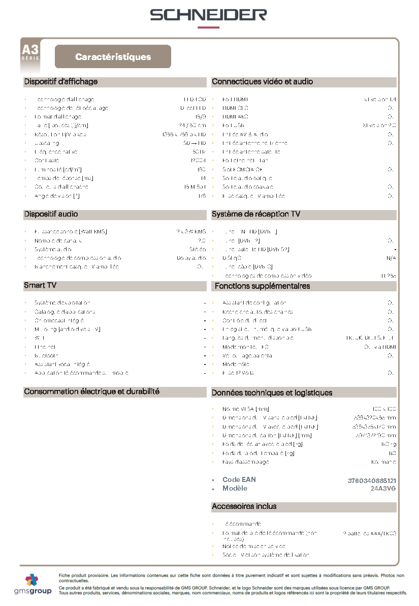 Fiche technique fournisseur