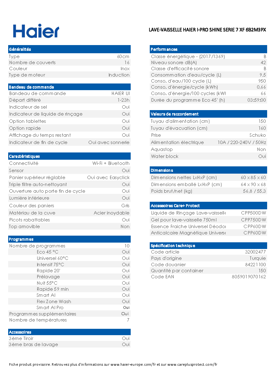 Fiche technique fournisseur
