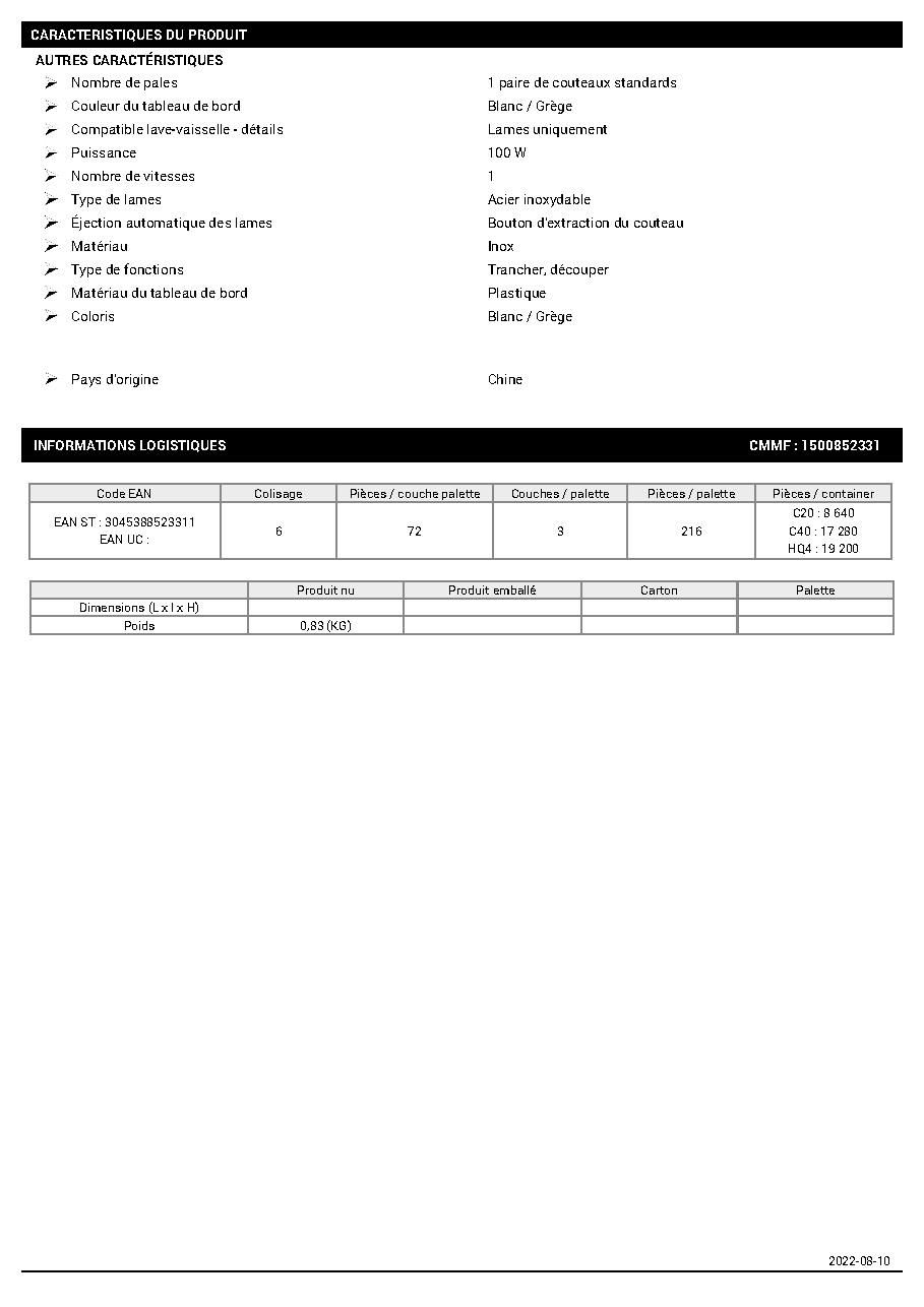 Fiche technique fournisseur