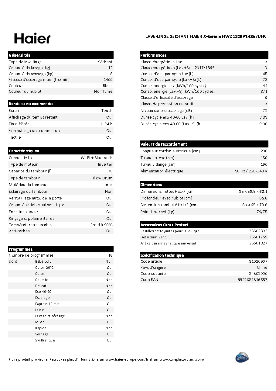 Fiche technique fournisseur
